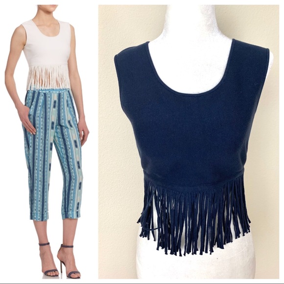 BCBGMaxAzria Tops - BCBGMAXAZRIA Fringe Cropped Blue Sleeveless TOP